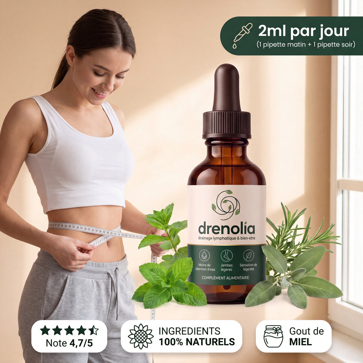 Femme mesurant sa taille à côté du flacon Drenolia Drainage Lymphatique