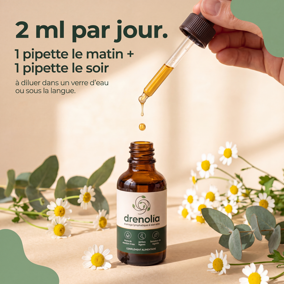 Dosage de 2 ml par jour à la pipette graduée Drenolia